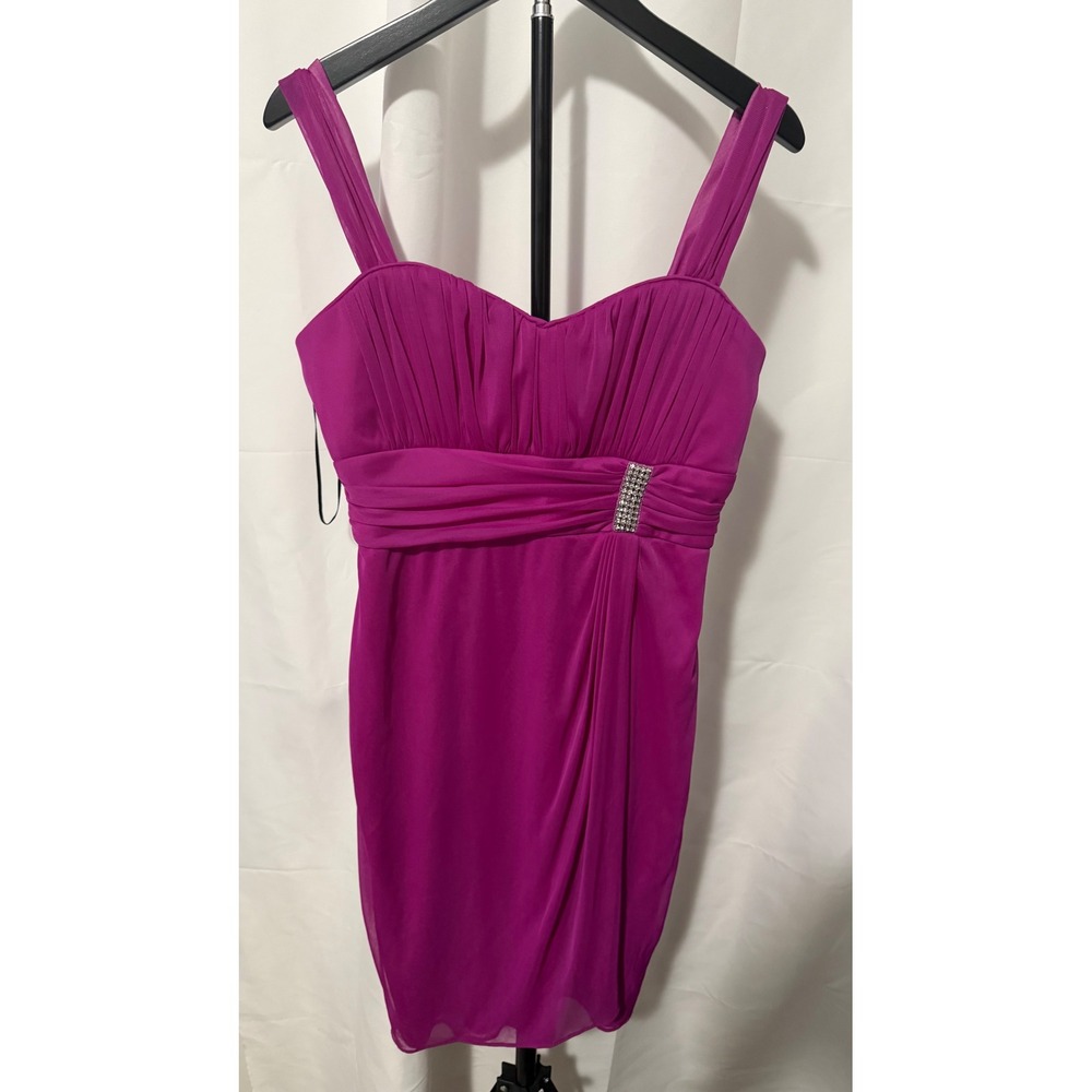 R&M Richards Petite Magenta Ruched Rhinestone Cocktail Dress 8P Fuchsia Purple